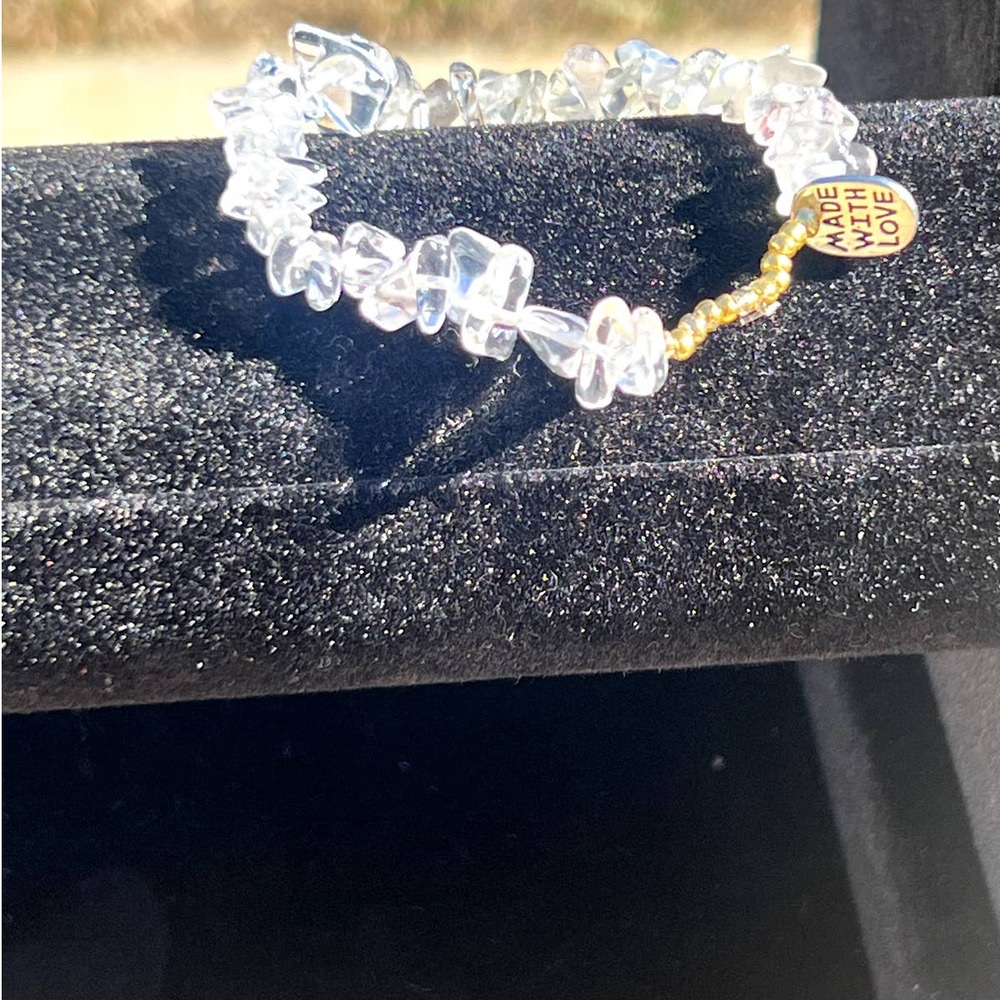 Handmade Stretchy Silver Crystal "Made With Love" Charmed Bracelet, Gold Beads